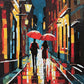 two people with red umbrellas walking down a rainy city street lit by lamps, paint by numbers kit