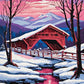 Covered Bridge at Winter Dusk paint by numbers kit, red covered bridge with a snowy roof over a stream, bare trees and mountains under a pink dusk sky