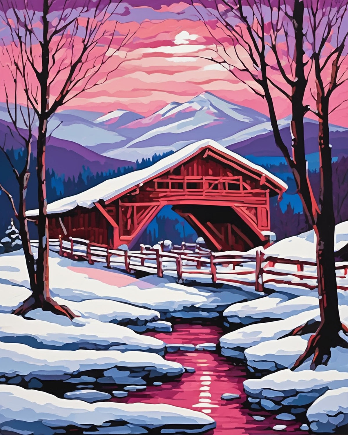 Covered Bridge at Winter Dusk paint by numbers kit, red covered bridge with a snowy roof over a stream, bare trees and mountains under a pink dusk sky