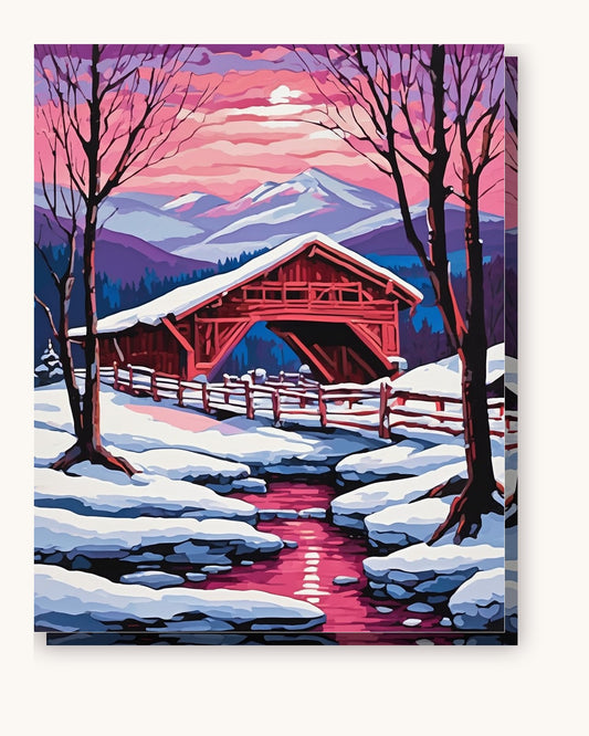 Covered Bridge at Winter Dusk paint by numbers kit on stretched canvas