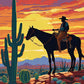 cowboy on horseback silhouetted against a desert sunset with saguaro and round cacti, paint by numbers kit