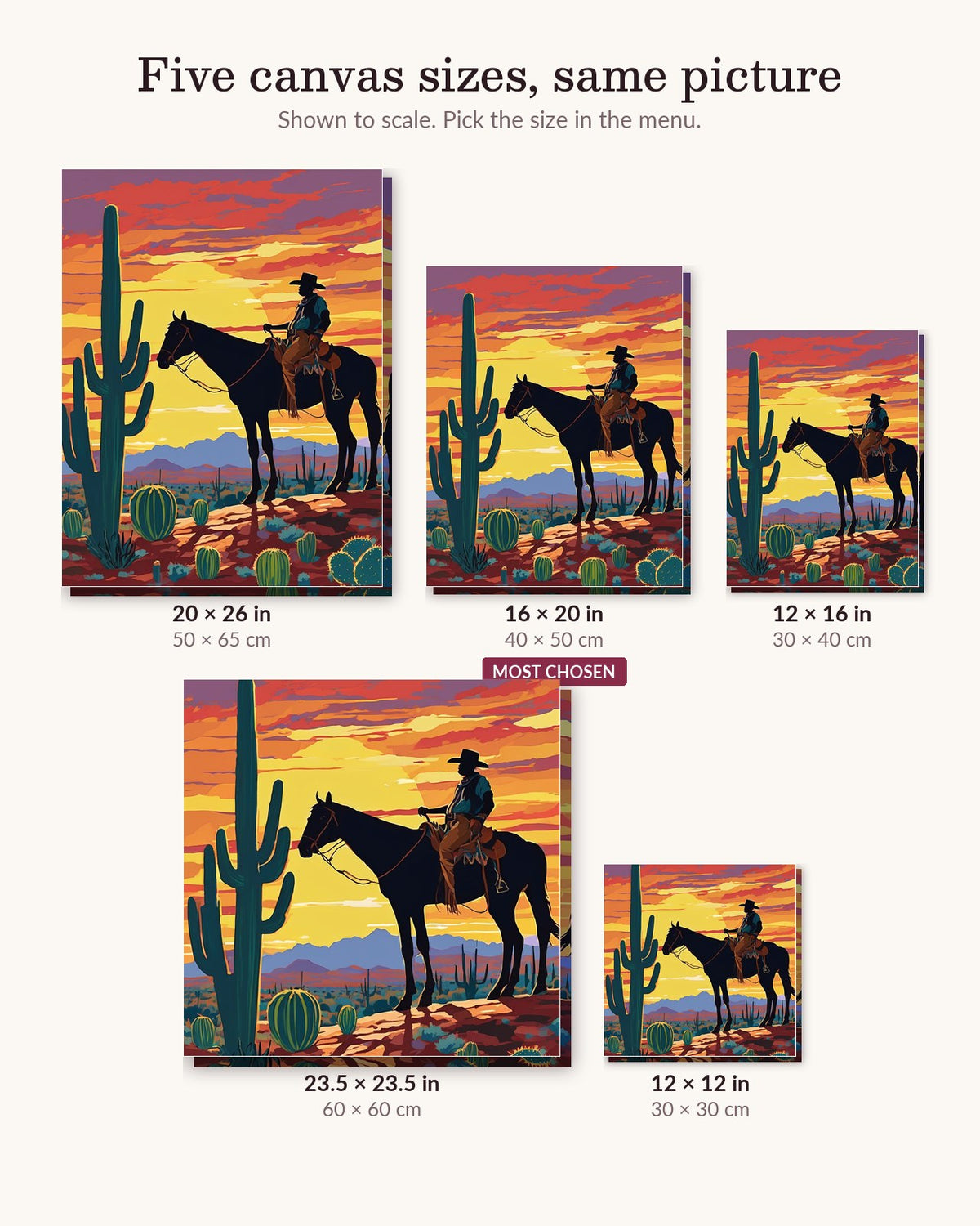 Cowboy at Desert Sunset canvas sizes from 12 x 12 to 23.5 x 23.5 inches