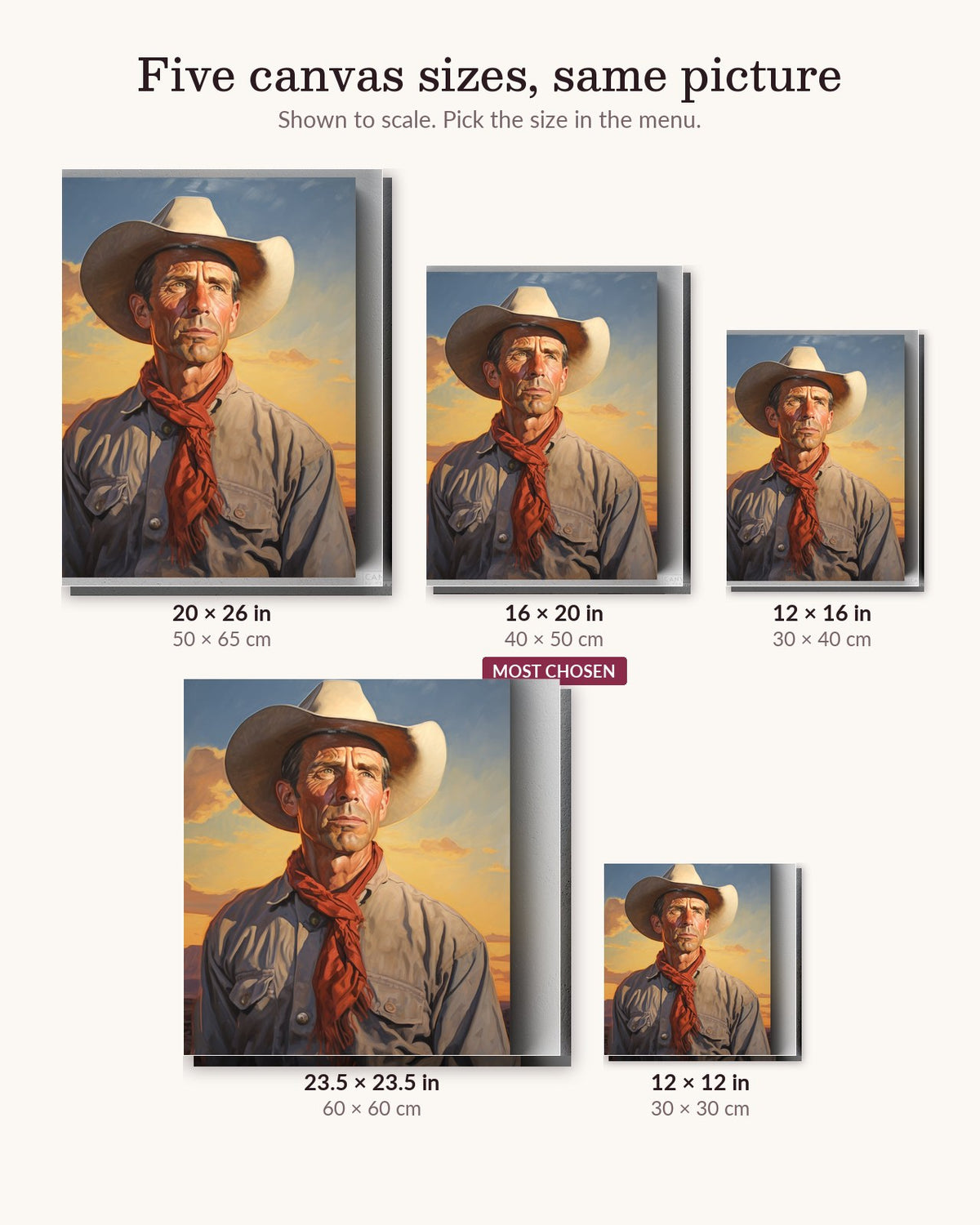 Authentic Cowboy canvas sizes from 12 x 12 to 23.5 x 23.5 inches