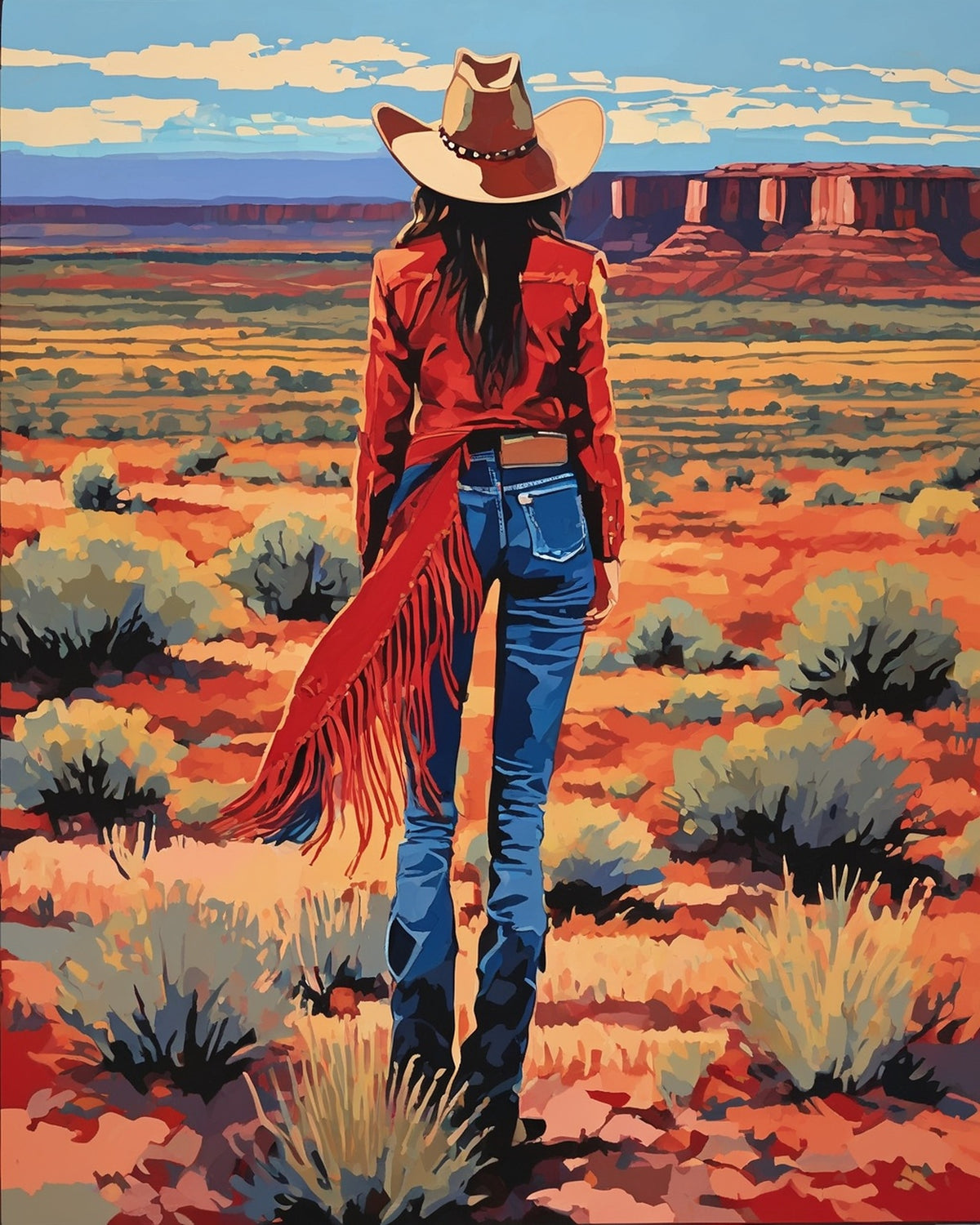 Cowgirl at the Mesa paint by numbers kit, woman in a cowboy hat and red fringed jacket seen from behind facing a red desert and mesas