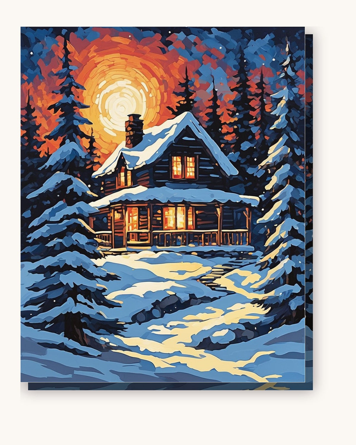 Cozy Christmas Cabin in the Snow paint by numbers kit on stretched canvas