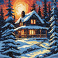 log cabin with glowing windows in a snowy pine forest under an orange sky, paint by numbers kit
