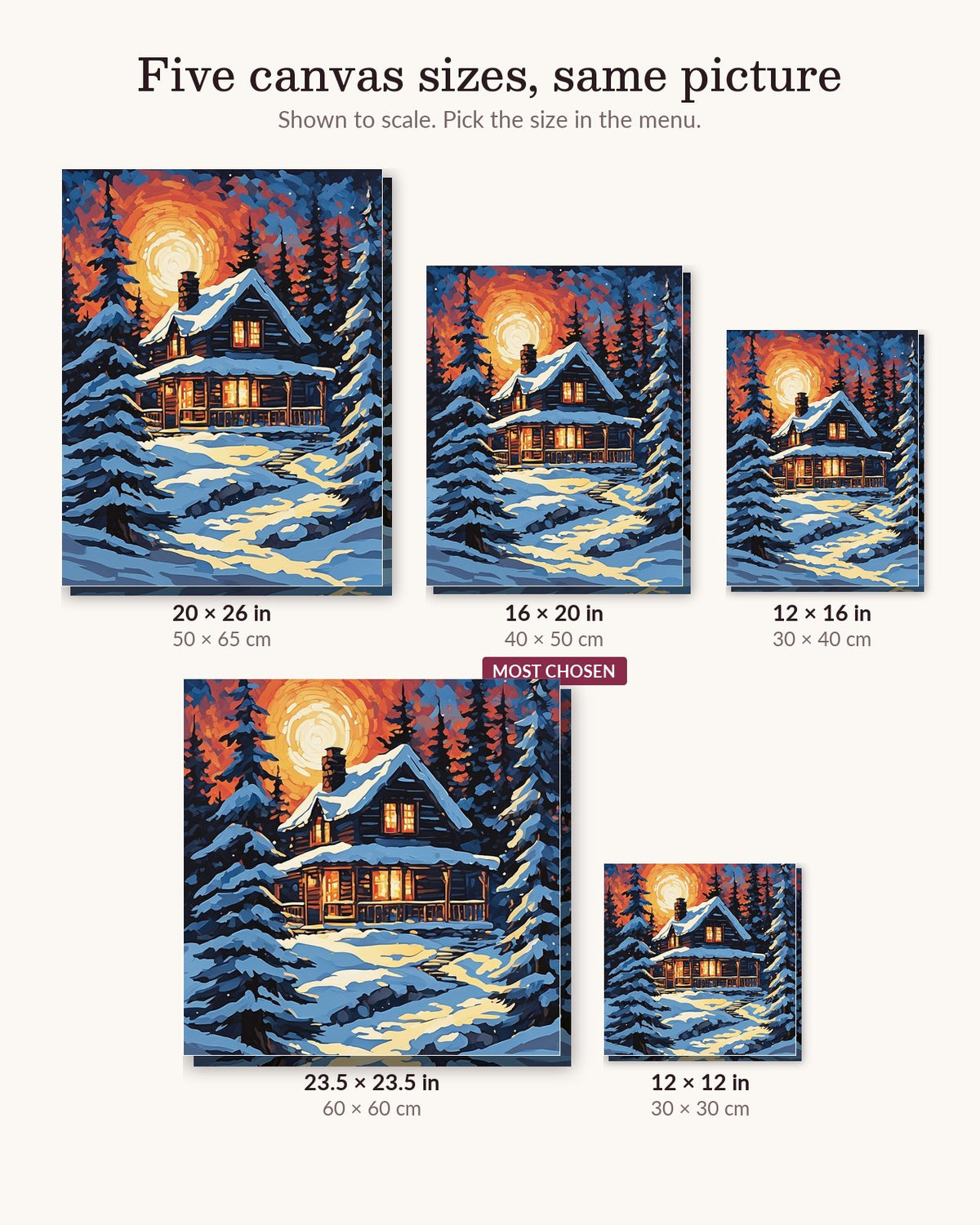 Cozy Christmas Cabin in the Snow canvas sizes from 12 x 12 to 23.5 x 23.5 inches