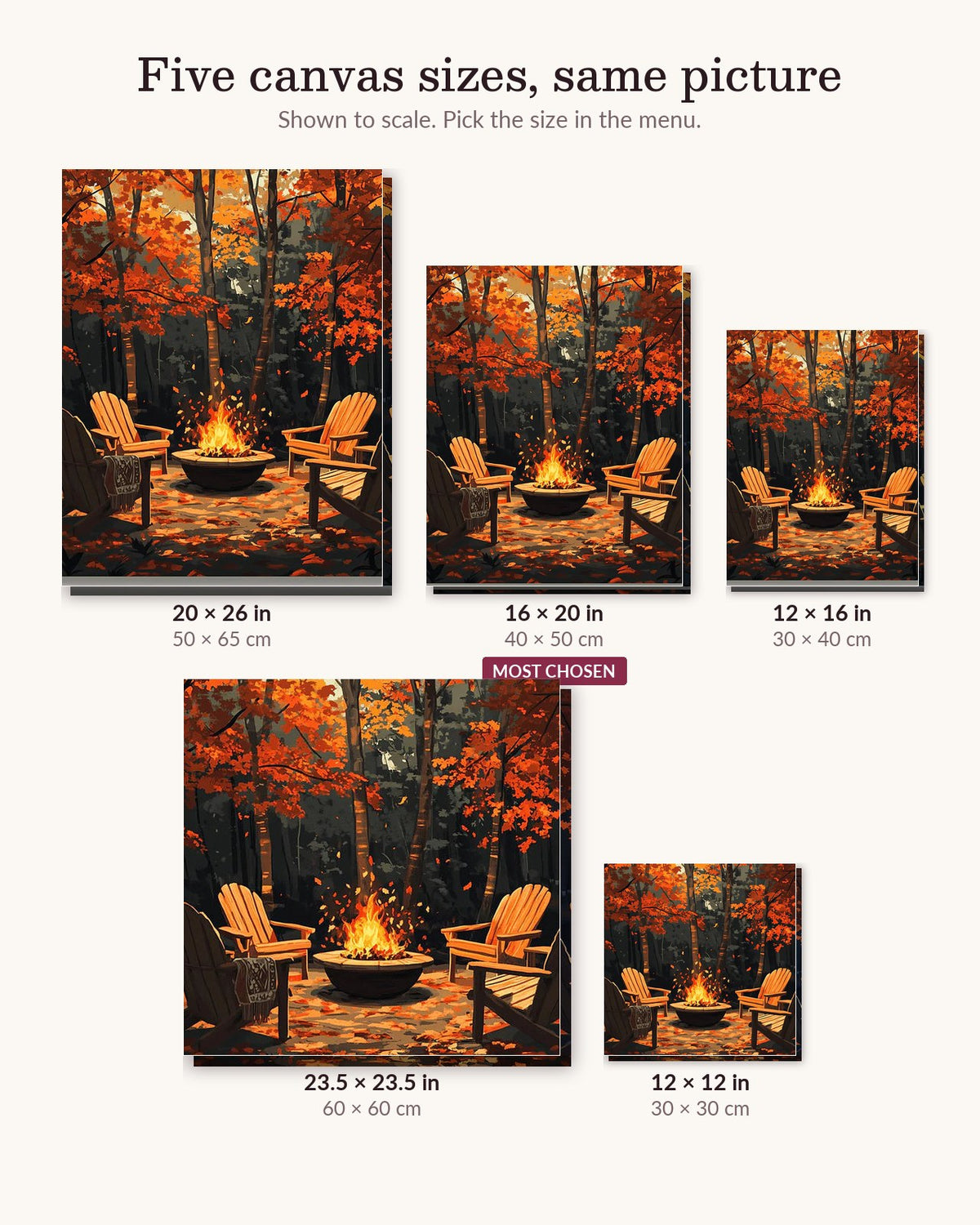 Fireside Serenity canvas sizes from 12 x 12 to 23.5 x 23.5 inches