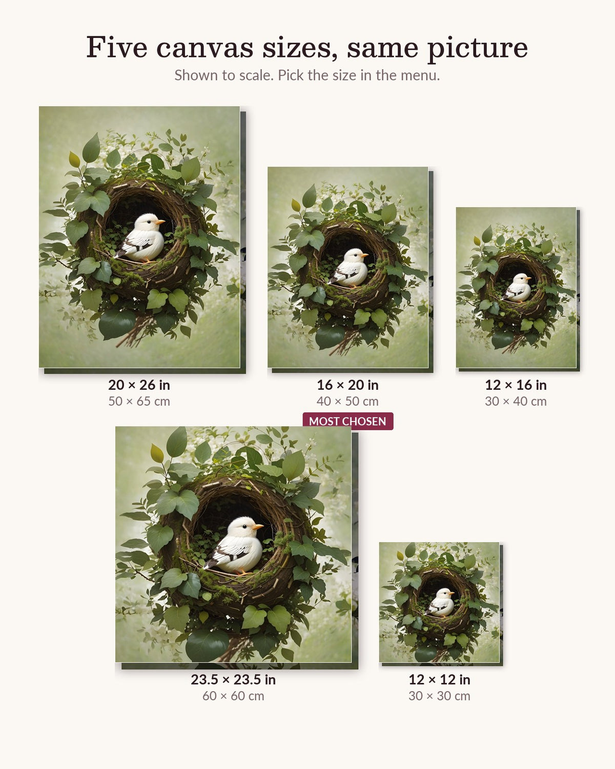 Cradle of Green canvas sizes from 12 x 12 to 23.5 x 23.5 inches