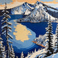 deep blue crater lake with a small wooded island and snowy mountains framed by snowy pines, paint by numbers kit