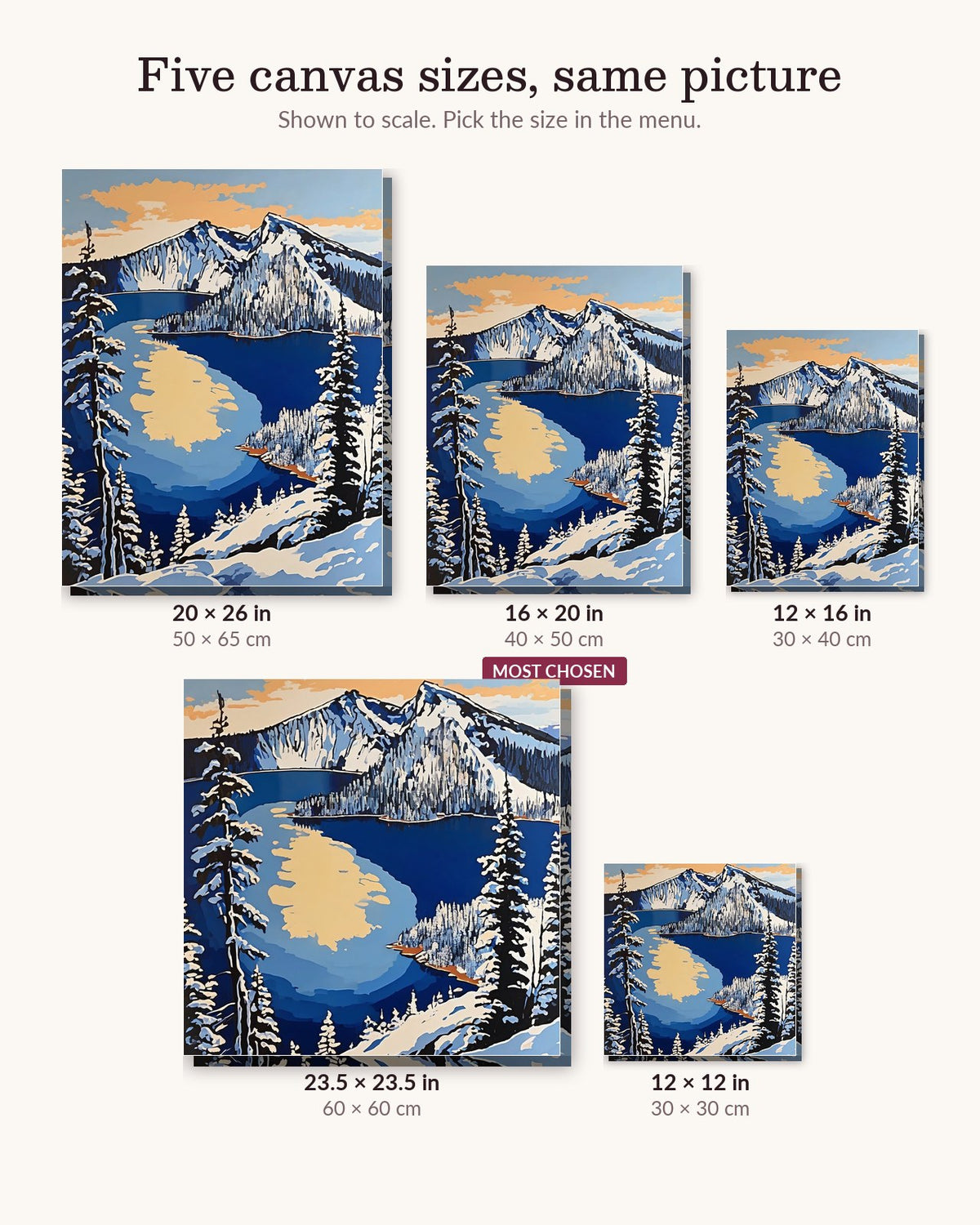 Crater Lake Island canvas sizes from 12 x 12 to 23.5 x 23.5 inches