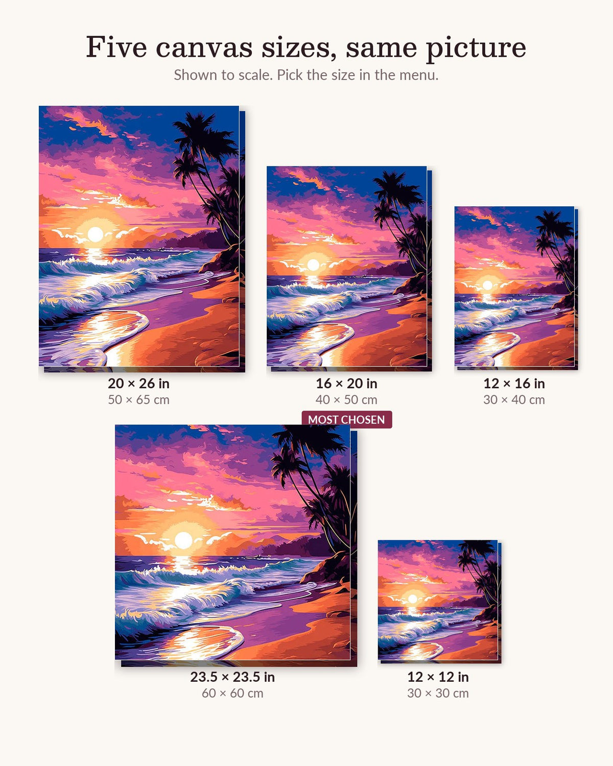 Dusky Ocean Rhythms canvas sizes from 12 x 12 to 23.5 x 23.5 inches