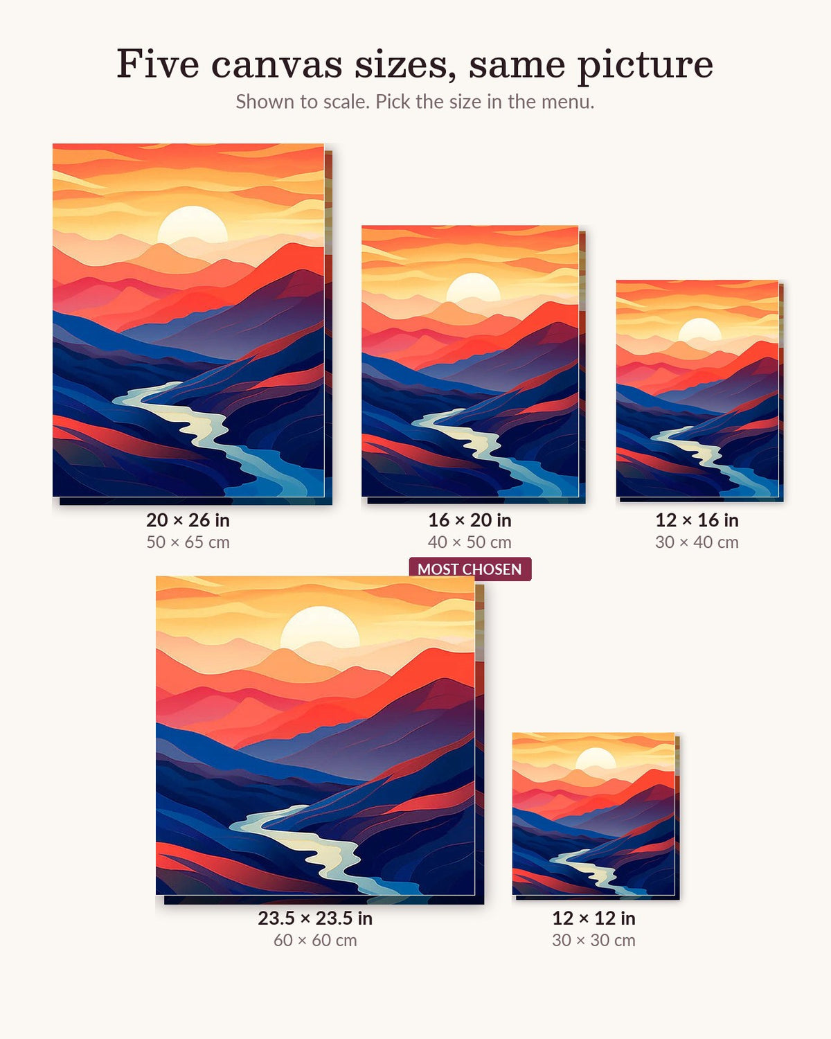 Ruby Horizon Peaks canvas sizes from 12 x 12 to 23.5 x 23.5 inches