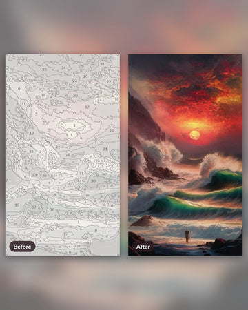 Crimson Waves paint by numbers kit, before and after