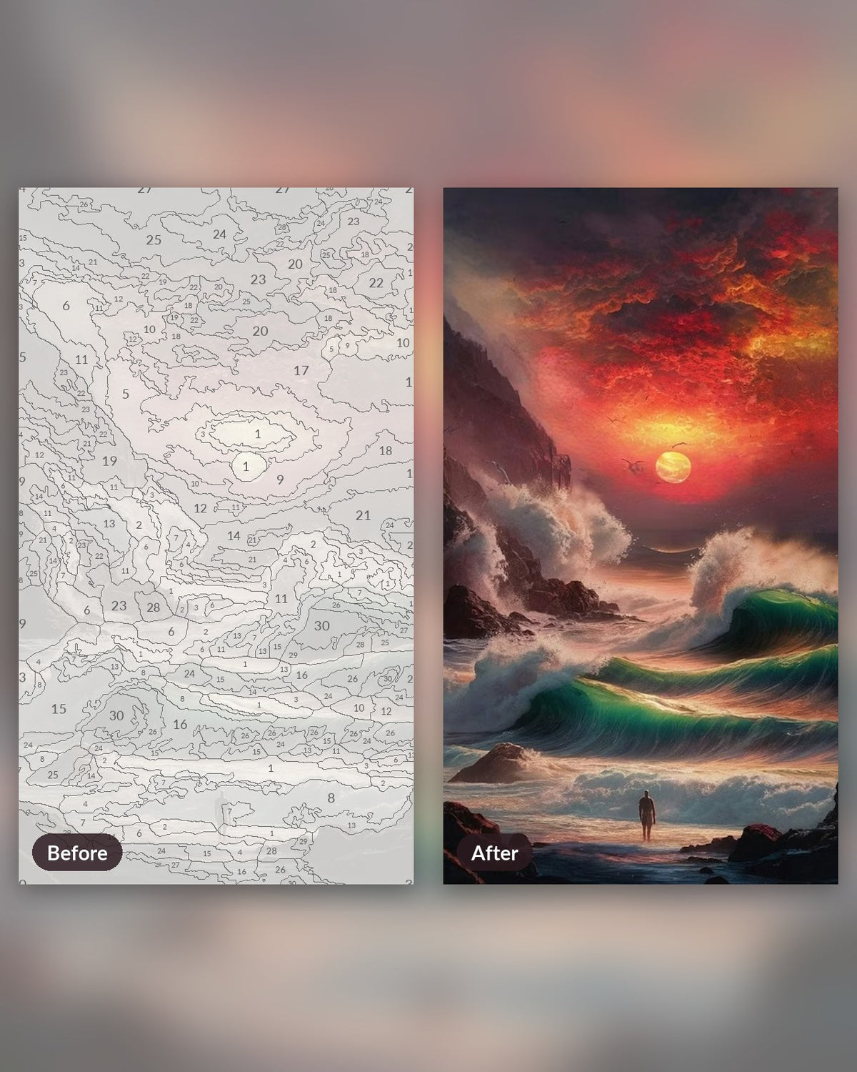 Crimson Waves paint by numbers kit, before and after