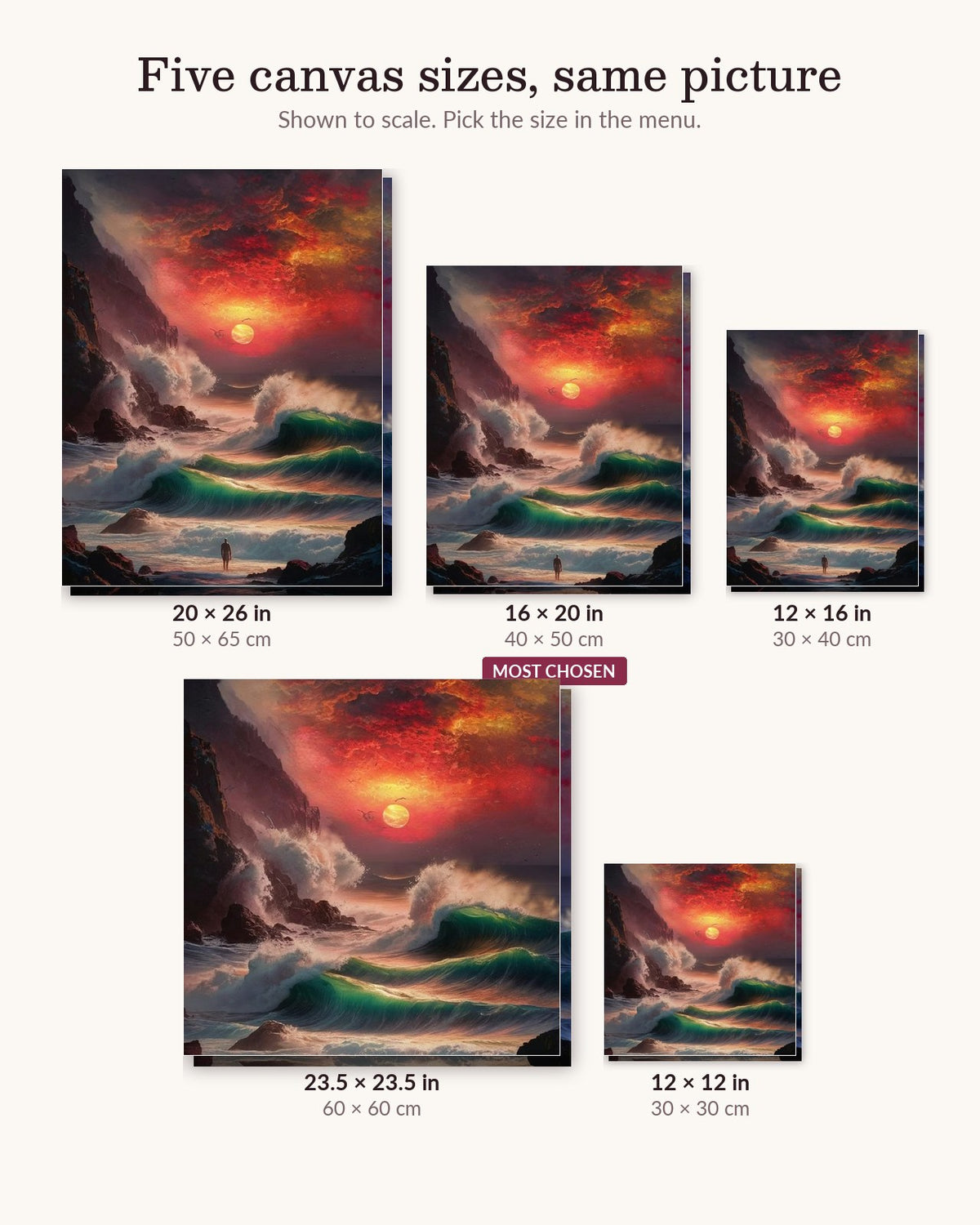 Crimson Waves canvas sizes from 12 x 12 to 23.5 x 23.5 inches