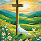 Cross on the Hill paint by numbers kit, wooden cross on a green hill with wildflowers at sunrise