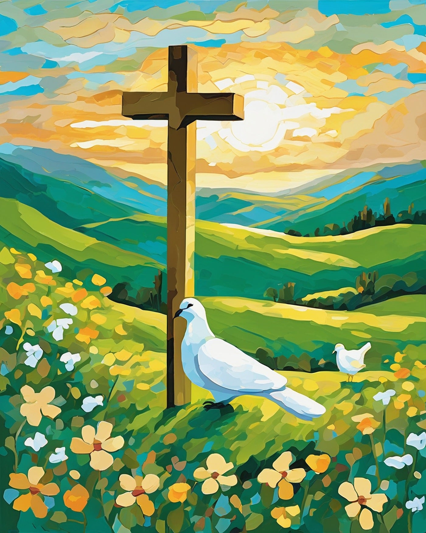 Cross on the Hill paint by numbers kit, wooden cross on a green hill with wildflowers at sunrise
