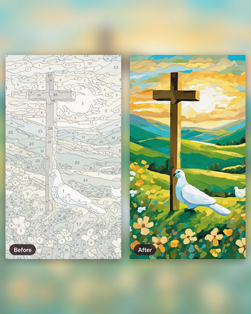 Cross on the Hill paint by numbers kit, before and after