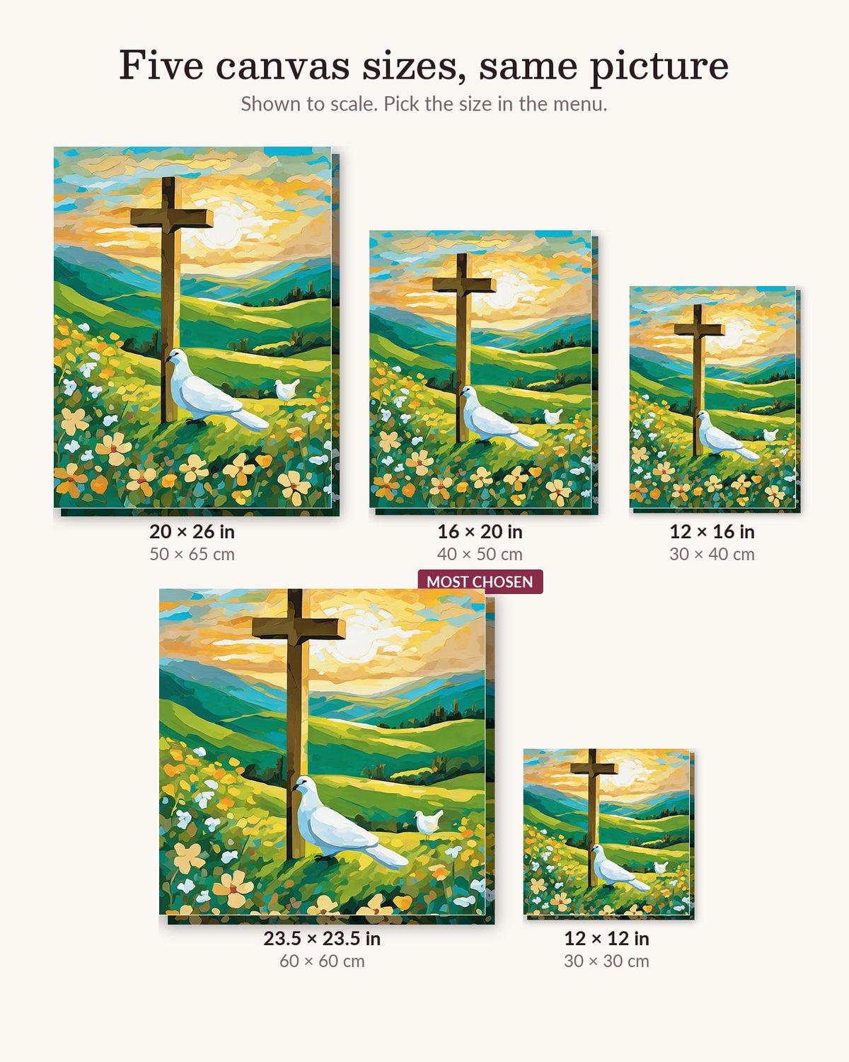 Cross on the Hill canvas sizes from 12 x 12 to 23.5 x 23.5 inches