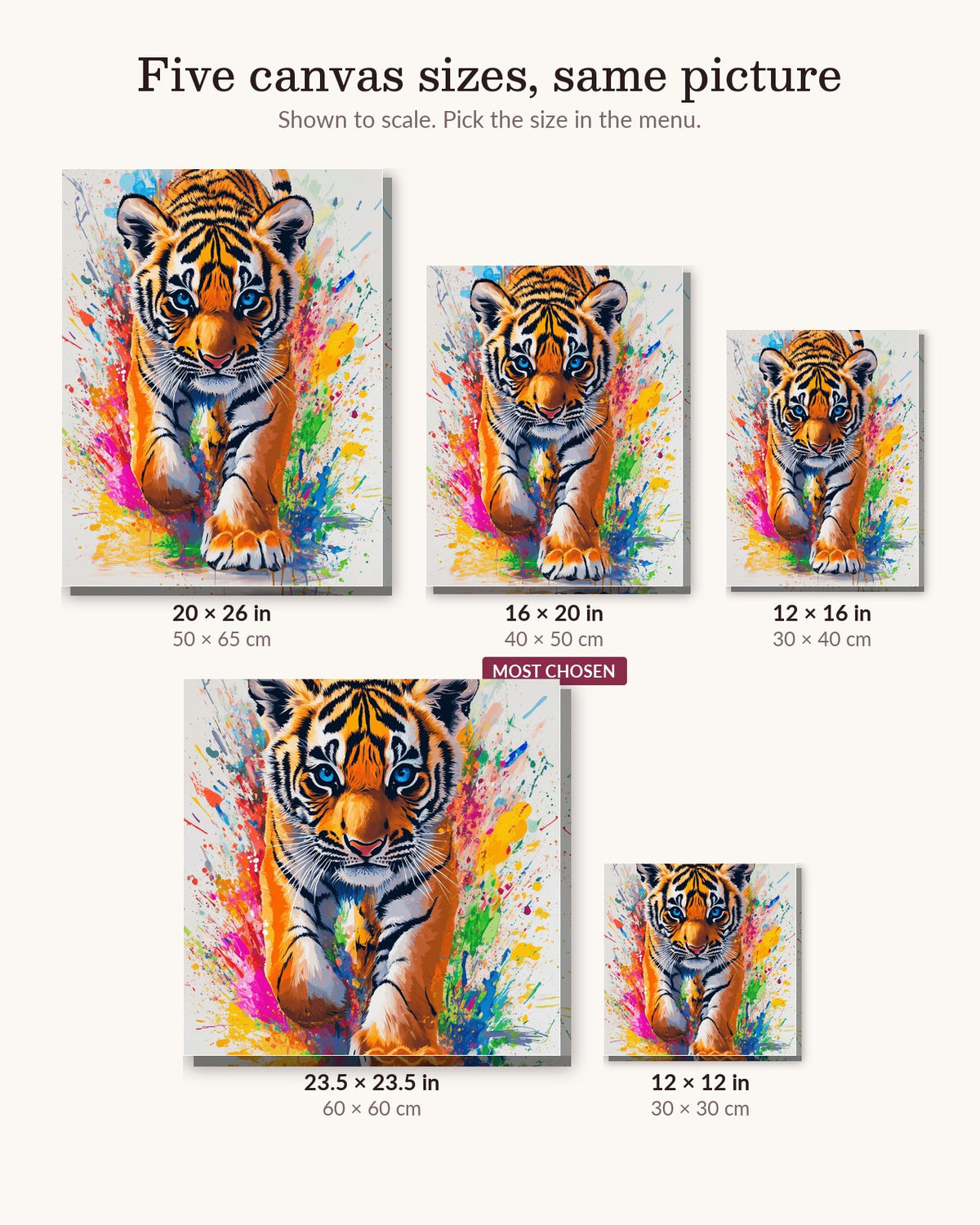 Cub's Wild Splash canvas sizes from 12 x 12 to 23.5 x 23.5 inches