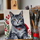 Grey tabby cat portrait painted on canvas, on a wooden easel with brushes and red berries
