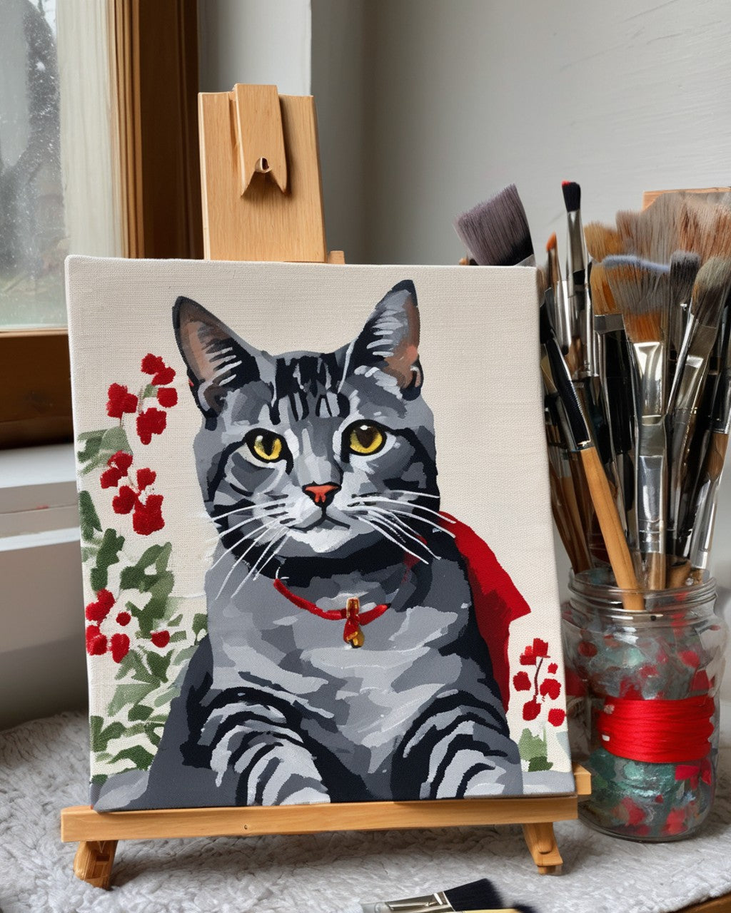 Grey tabby cat portrait painted on canvas, on a wooden easel with brushes and red berries