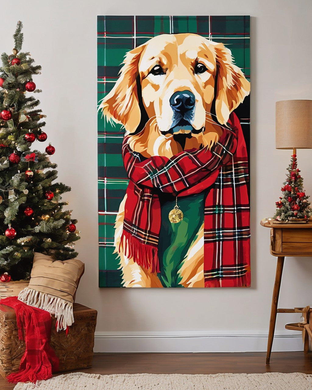 Painted portrait of a golden retriever in a red tartan scarf hanging next to a Christmas tree