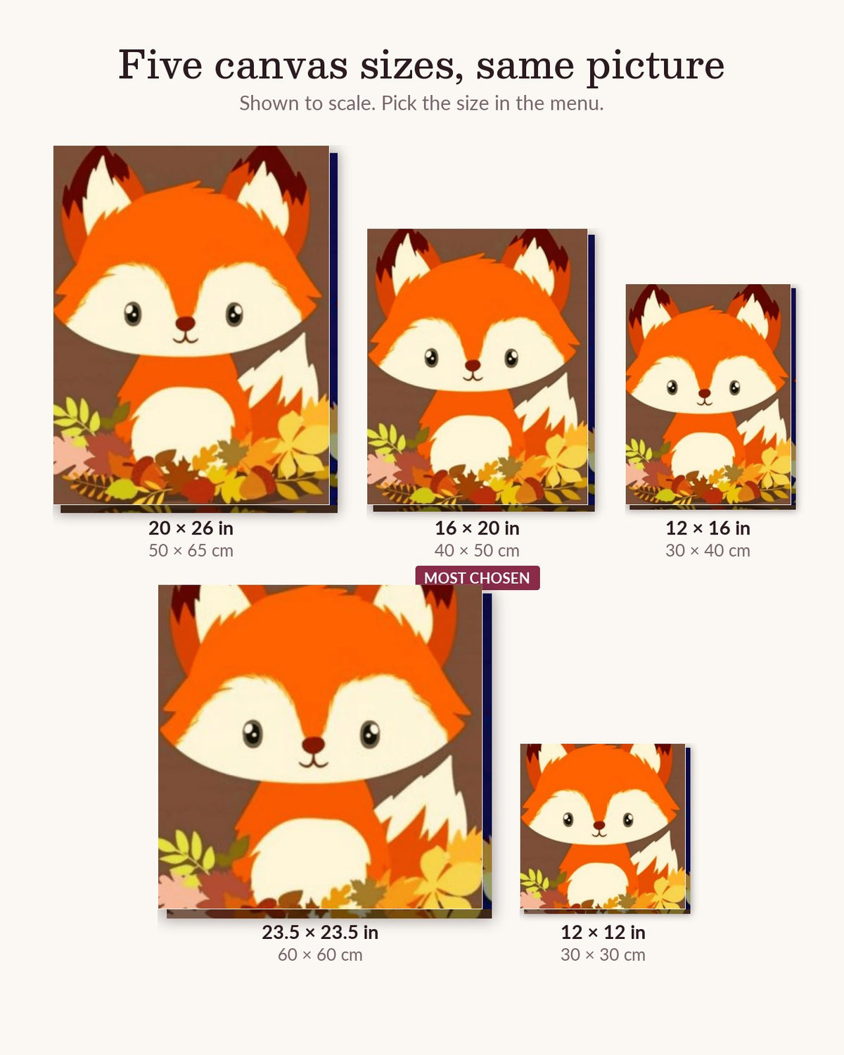 Cute Baby Fox canvas sizes from 12 x 12 to 23.5 x 23.5 inches