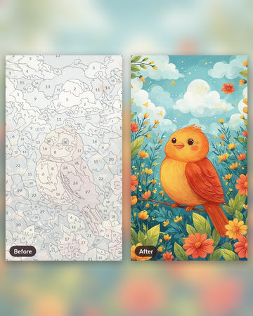 Cute Orange Bird paint by numbers kit, before and after