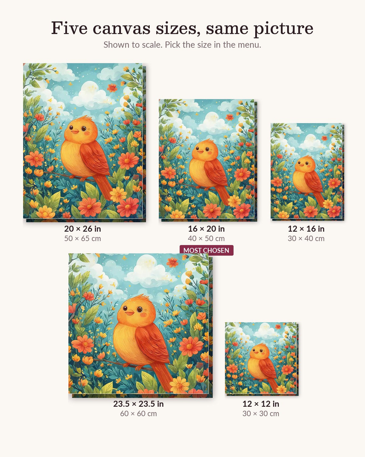 Cute Orange Bird canvas sizes from 12 x 12 to 23.5 x 23.5 inches