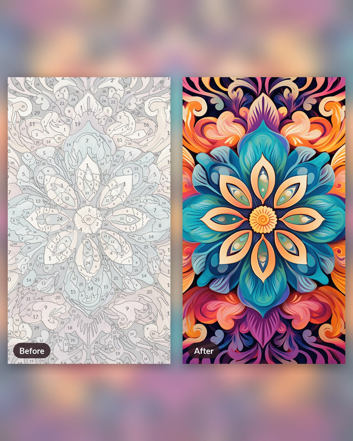 Teal Blossom paint by numbers kit, before and after