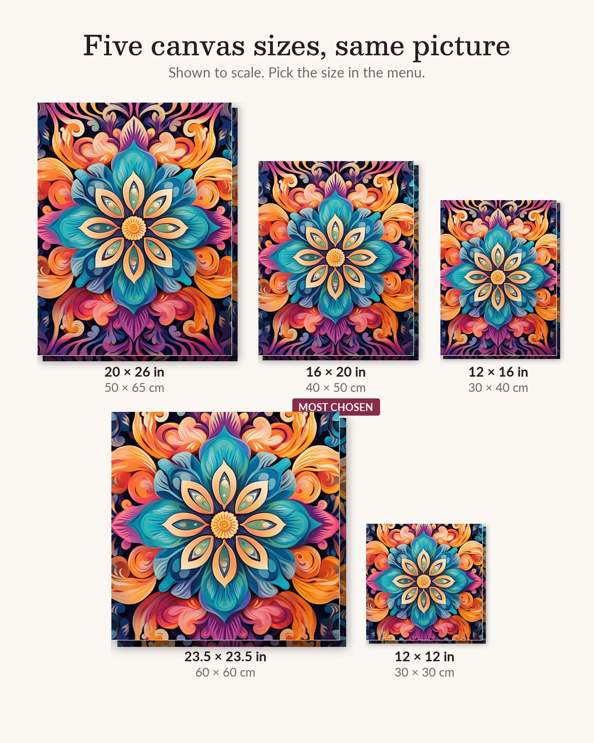 Teal Blossom canvas sizes from 12 x 12 to 23.5 x 23.5 inches