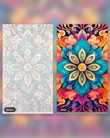 Cyan Blossom paint by numbers kit, before and after