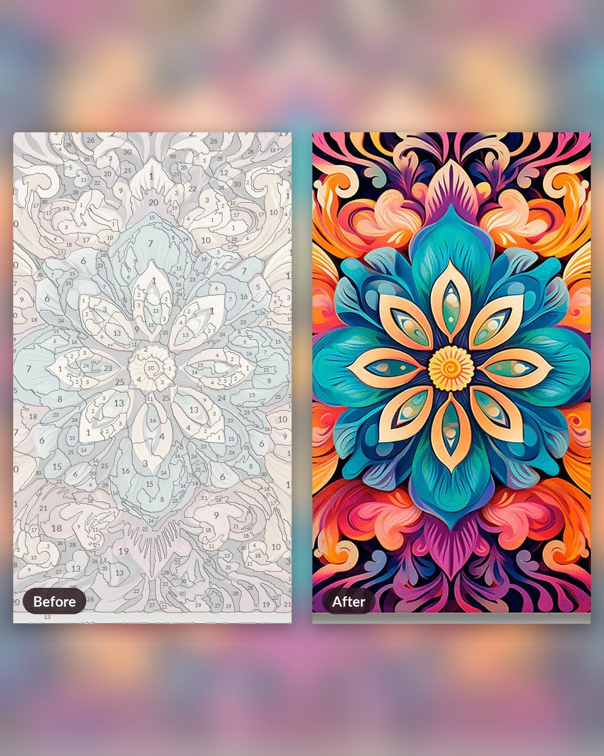 Cyan Blossom paint by numbers kit, before and after