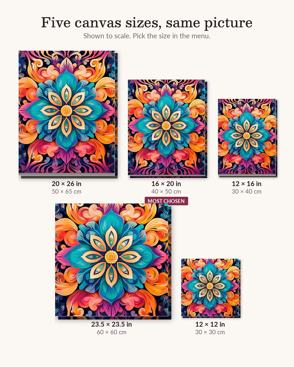 Cyan Blossom canvas sizes from 12 x 12 to 23.5 x 23.5 inches
