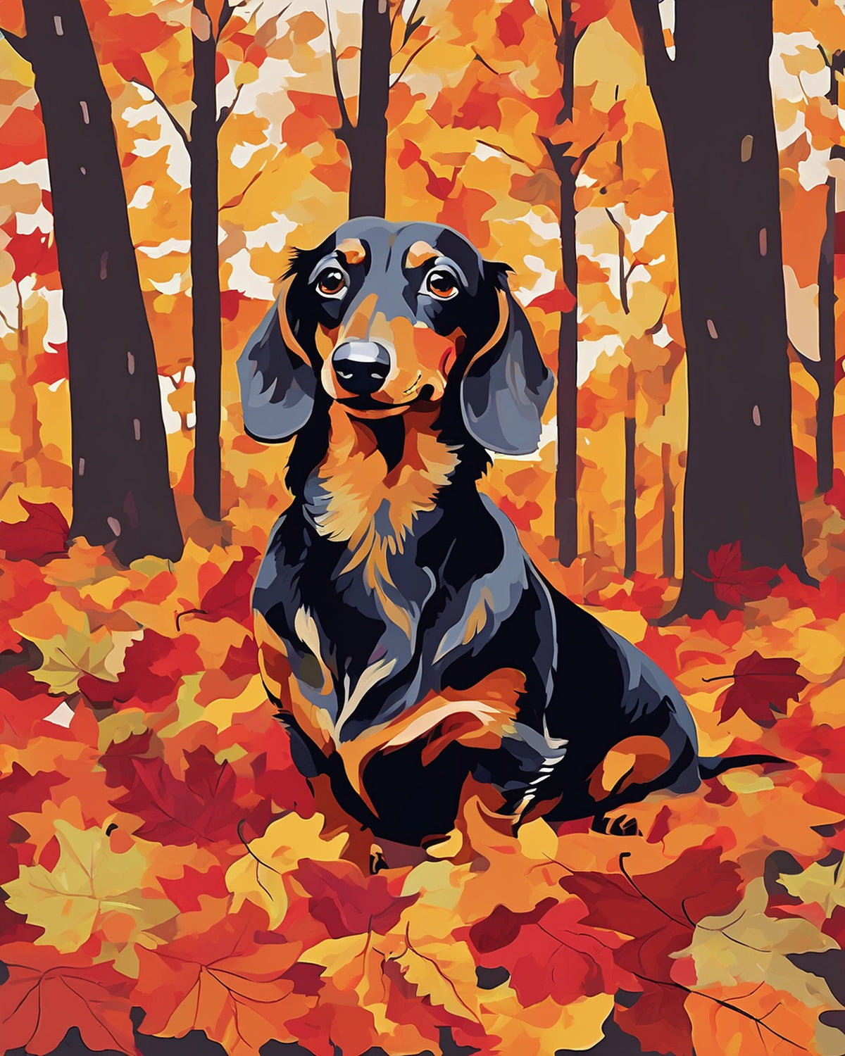Dachshund in the Leaves paint by numbers kit, long haired dachshund standing in autumn leaves