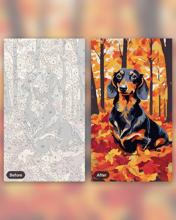 Dachshund in the Leaves paint by numbers kit, before and after