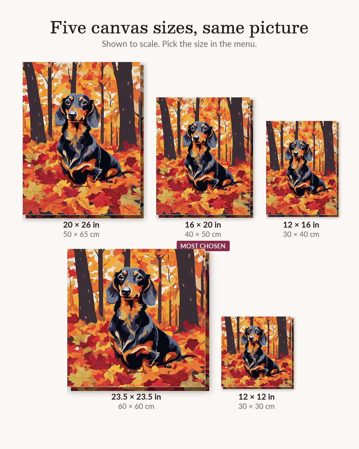Dachshund in the Leaves canvas sizes from 12 x 12 to 23.5 x 23.5 inches