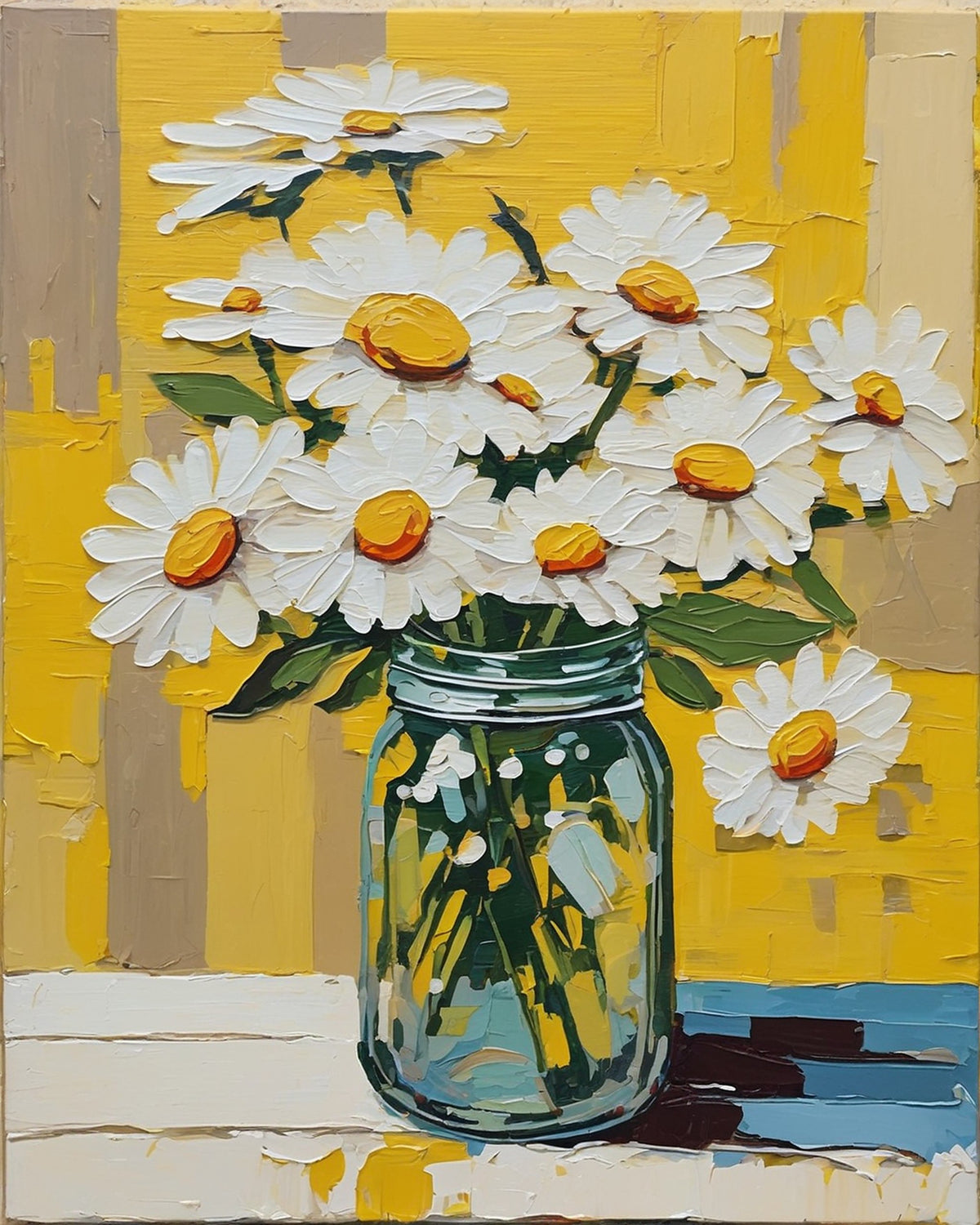 white daisies with orange centers in a glass jar against a yellow wall, paint by numbers kit