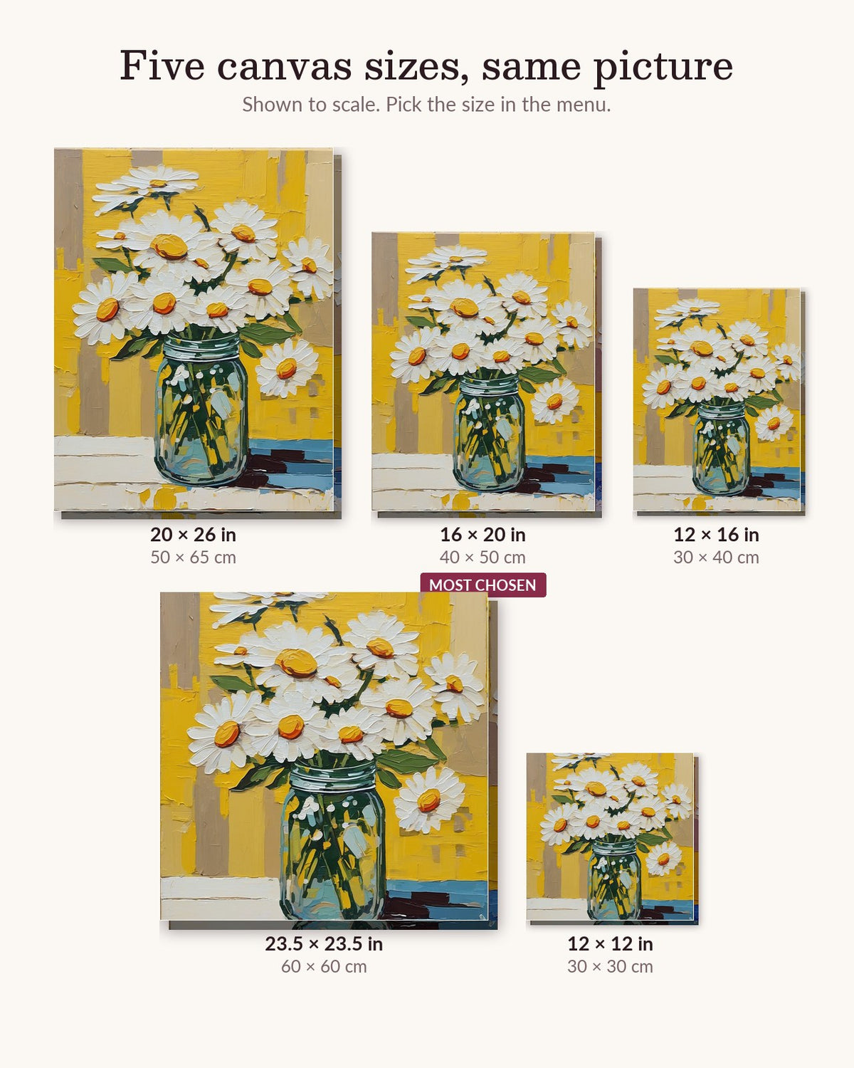 Daisies in a Glass Jar canvas sizes from 12 x 12 to 23.5 x 23.5 inches