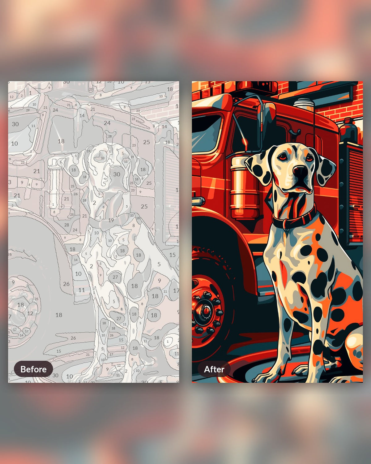 Dalmatian on Duty paint by numbers kit, before and after