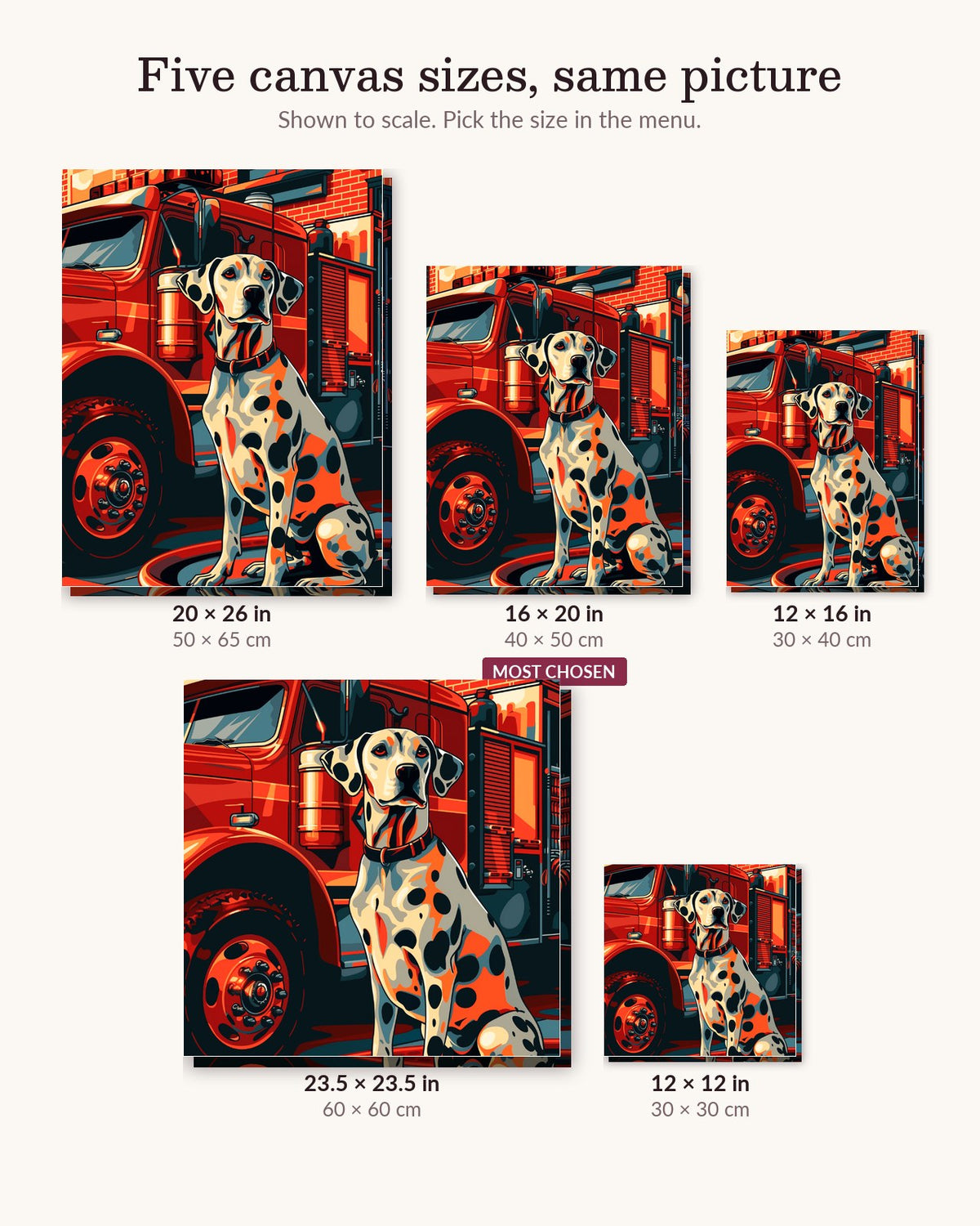 Dalmatian on Duty canvas sizes from 12 x 12 to 23.5 x 23.5 inches