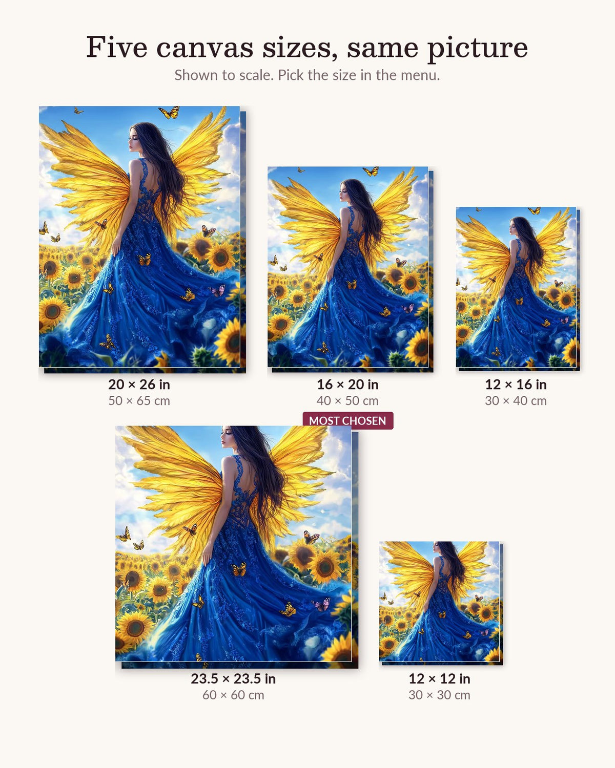 Dance of a Sunflower canvas sizes from 12 x 12 to 23.5 x 23.5 inches