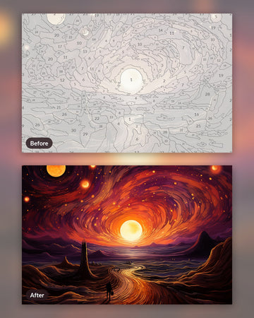 Dancing Dusk paint by numbers kit, before and after