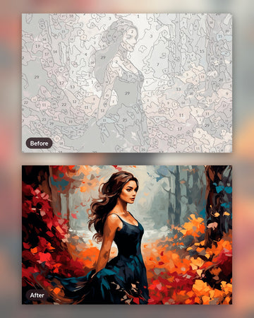 Deep Carmine paint by numbers kit, before and after