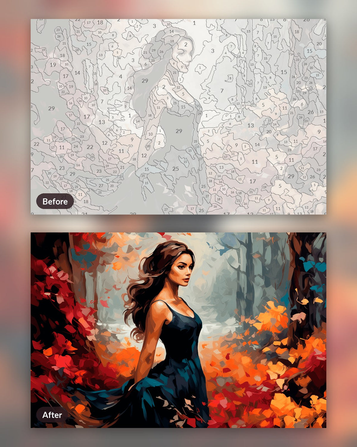 Deep Carmine paint by numbers kit, before and after