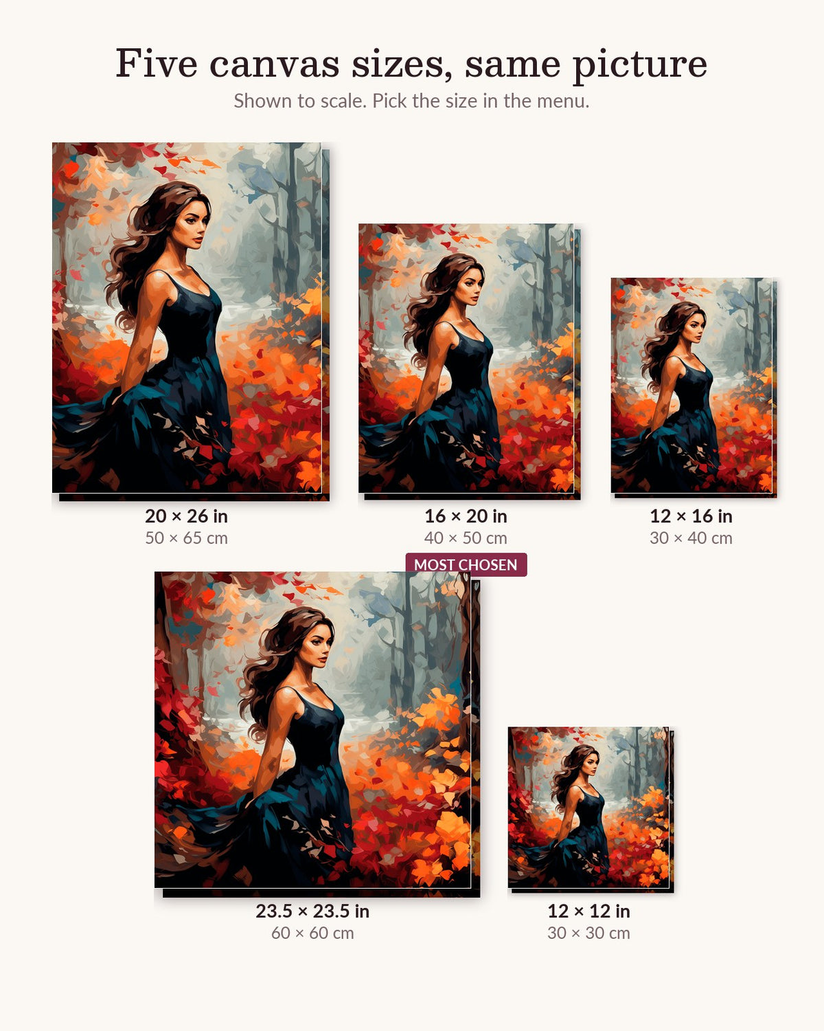 Deep Carmine canvas sizes from 12 x 12 to 23.5 x 23.5 inches