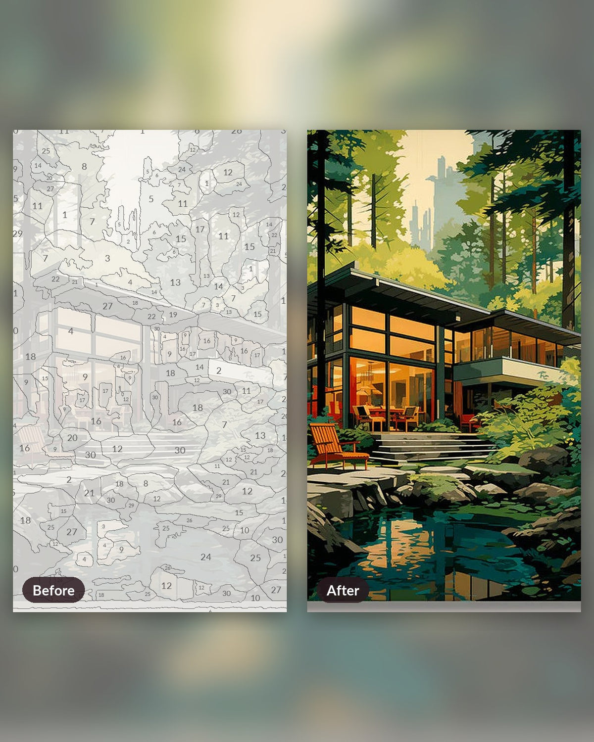 Cozy Forest Escape paint by numbers kit, before and after