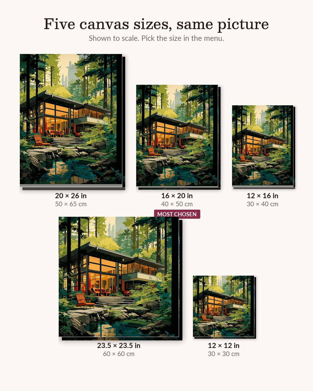 Cozy Forest Escape canvas sizes from 12 x 12 to 23.5 x 23.5 inches